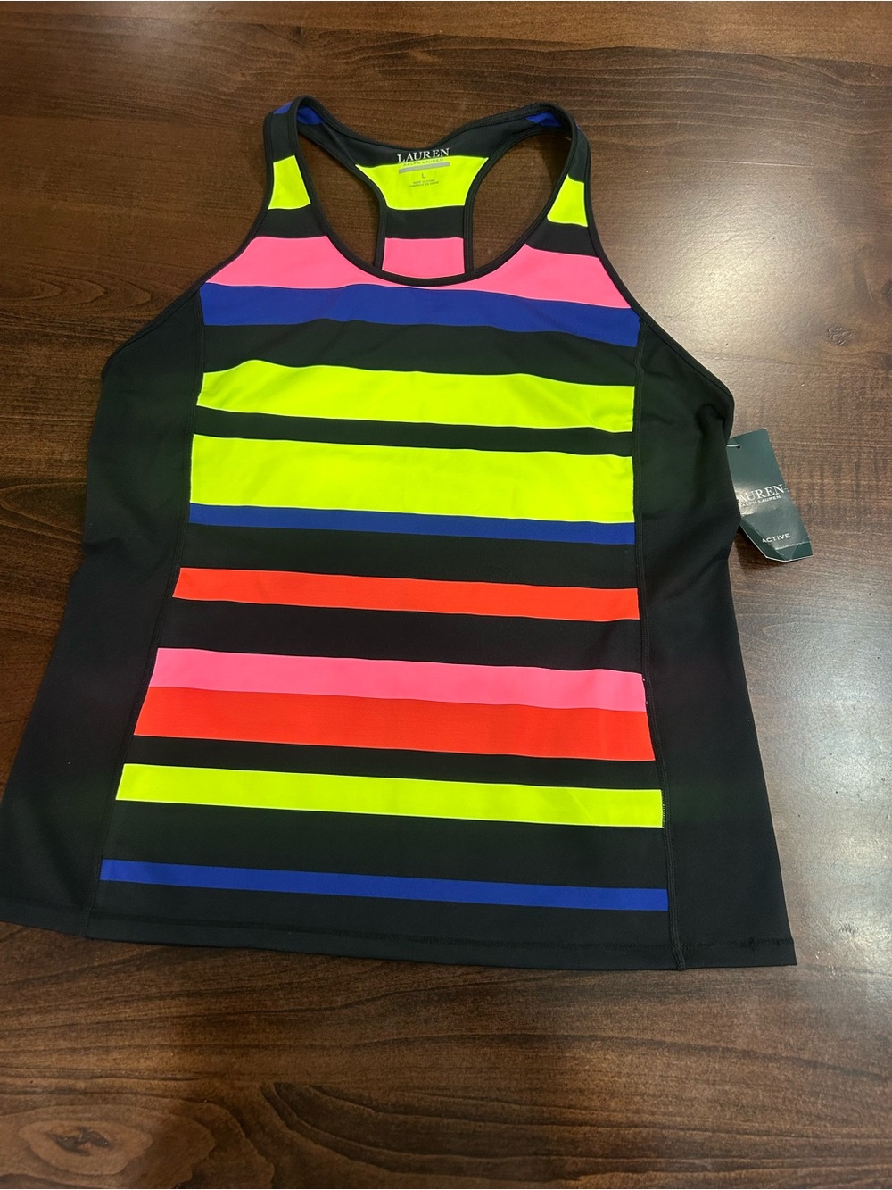 Ralph Lauren Black Racerback Tank with Neon Pink, Yellow, Blue & Red Stripes